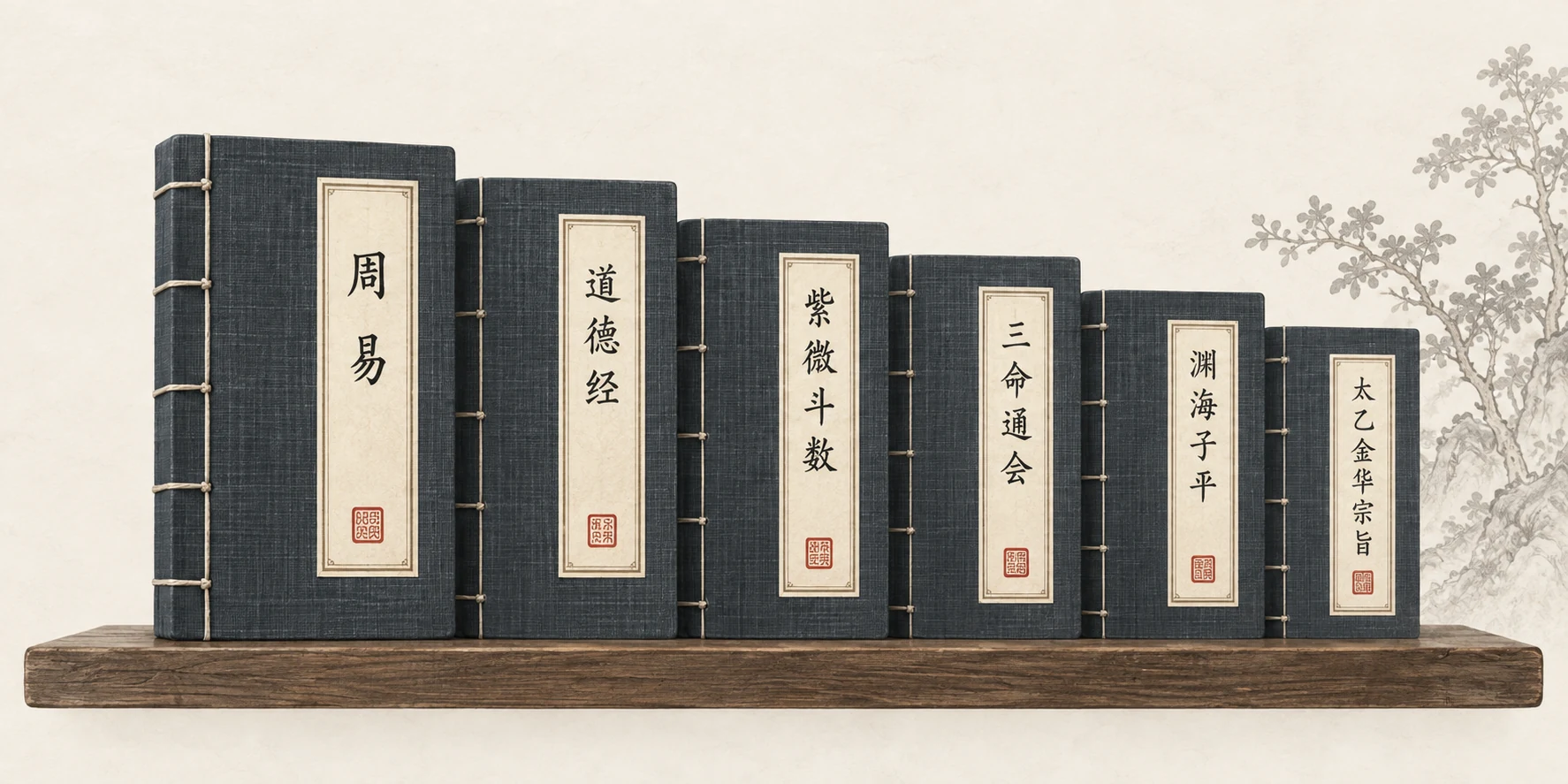 周易、道德经等传统典籍的线装书架插画